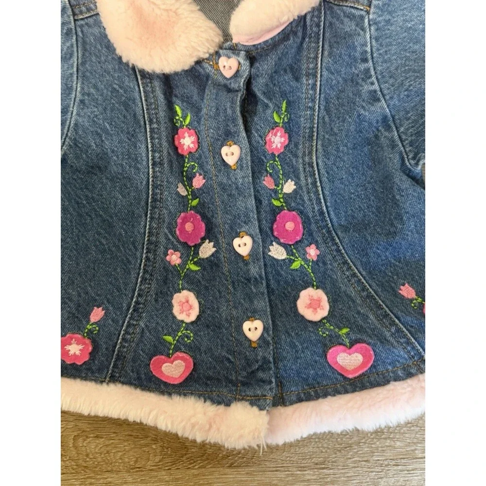 Y2K Denim Faux Pink Fur Floral Embroidered Baby Girls Jacket Size 6-9 Months
